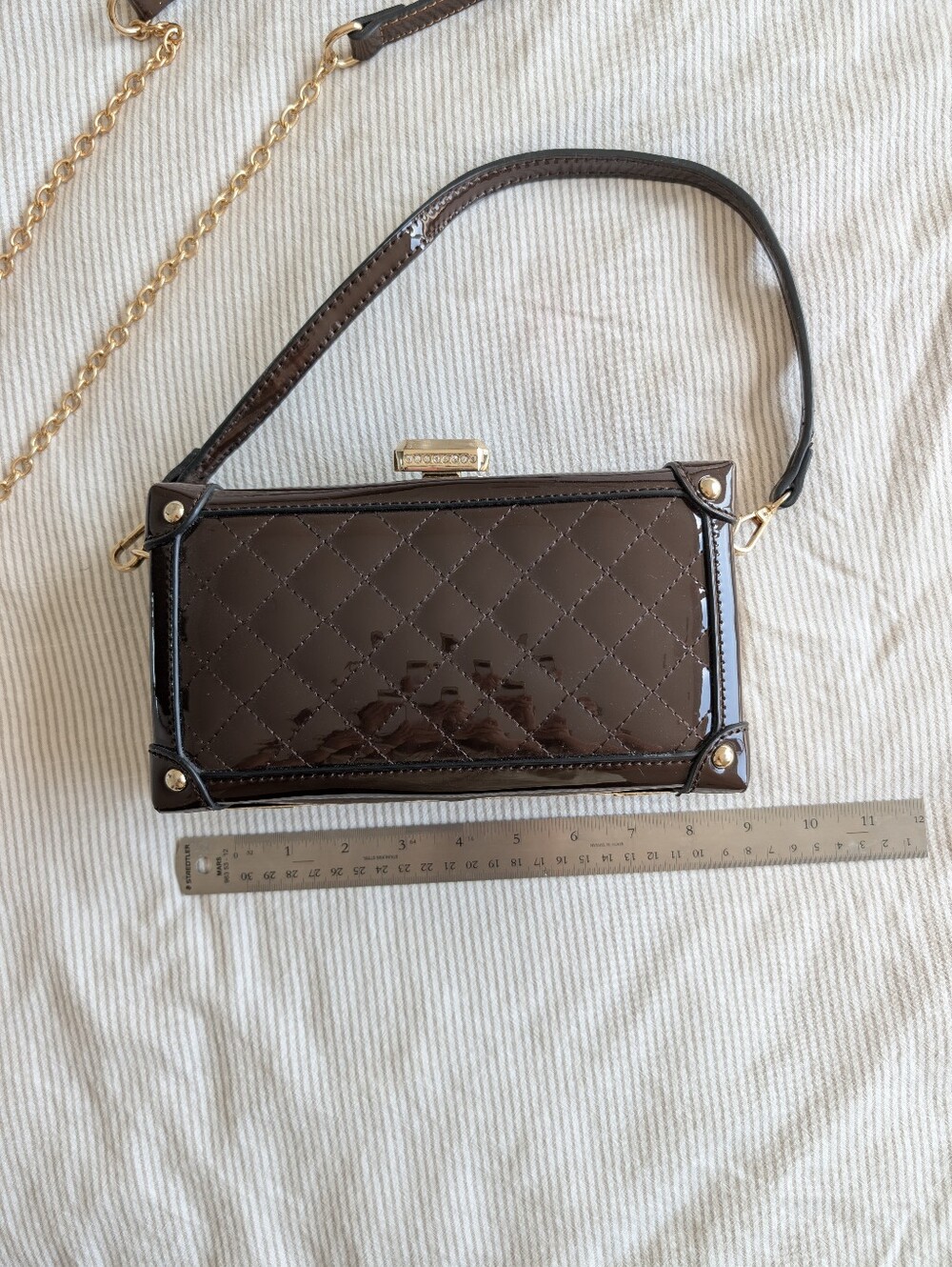 Quilted Patent Crossbody Bag in Dark Brown